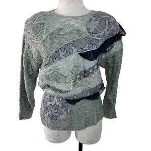 Vintage Womens Sweater Size Medium Green Batwing Embellished Cinched Waist